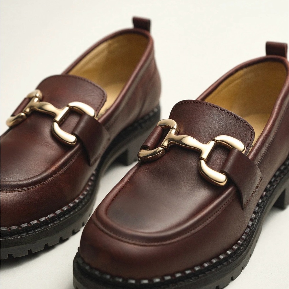 Women's Brown Leather Loafers with Gold Bit Detail